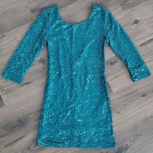 Teal Sequin Bodycon 3/4 Sleeve Dress